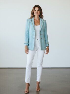Vintage St John Collection Marie Gray Blue Knit Fringe Blazer USA Sz 2